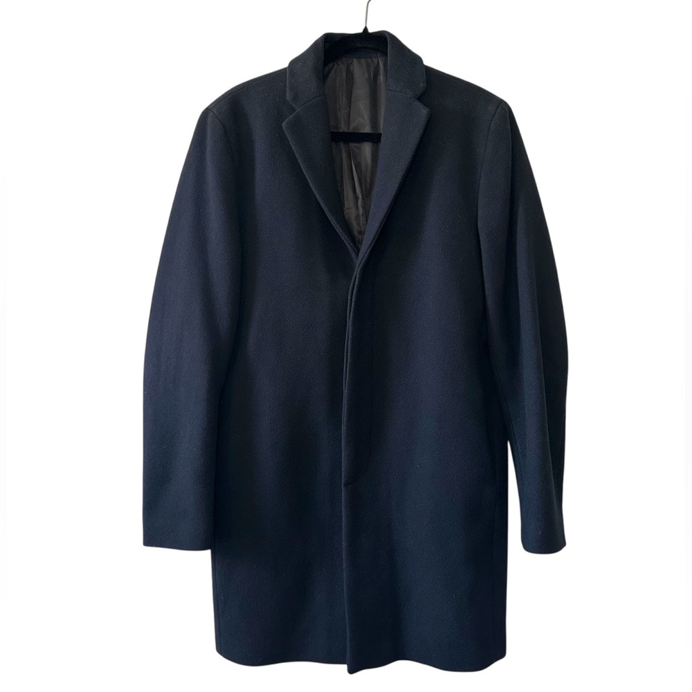 SELECTED HOMME Men’s Navy Wool Blend Hidden Button Collared Pea Coat- Medium